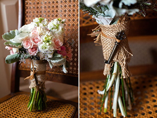 Rustic burlap wrapped wedding bouquet with vintage key