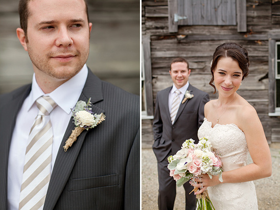 Bride and groom rustic wedding with barn backdrop