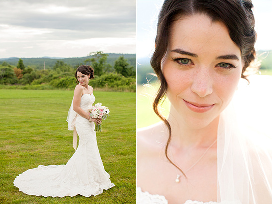 Beautiful bride in a lace wedding gown outdoors