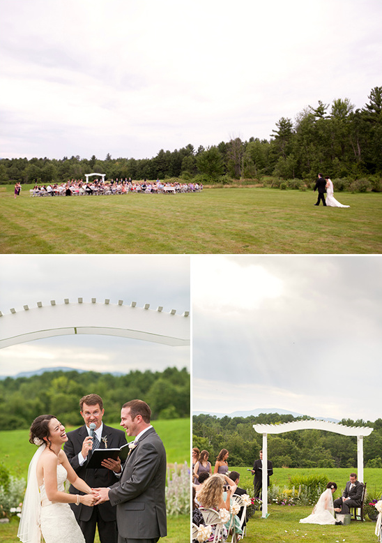 Outdoor wedding ceremony with guests and happy couple