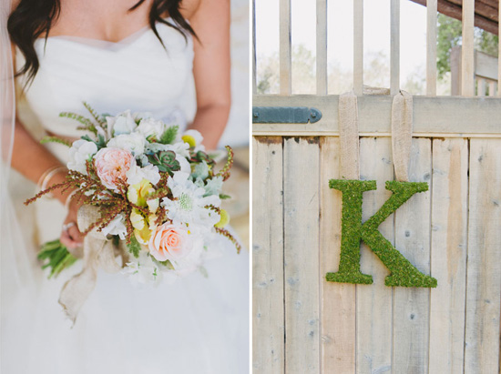 Bride with bouquet and moss letter K decoration