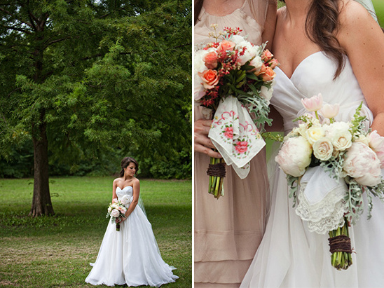 Bride in gown with floral bouquet and bridesmaid bouquets