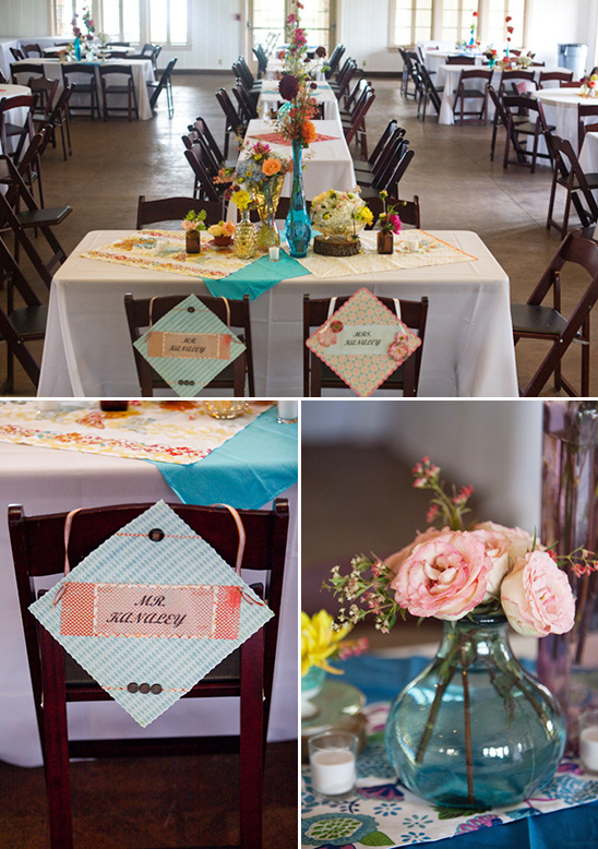 Wedding reception with handmade decorations and flowers