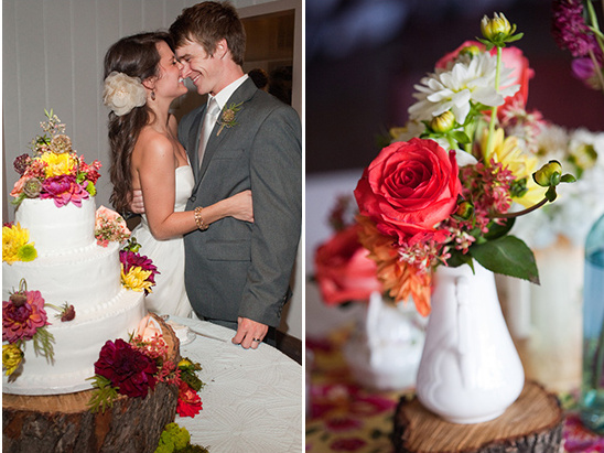 Rustic wedding cake and floral centerpiece
