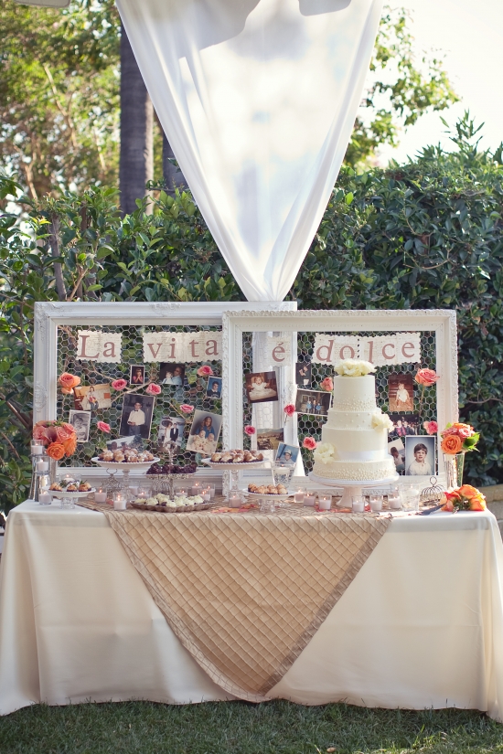 Wedding dessert table with photos and cake
