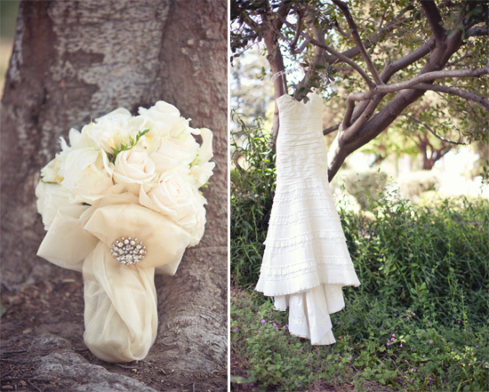 Elegant wedding bouquet and dress outdoors