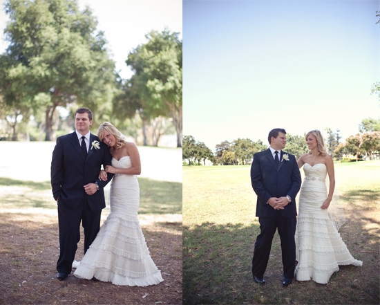 Happy newlyweds posing outdoors on their wedding day