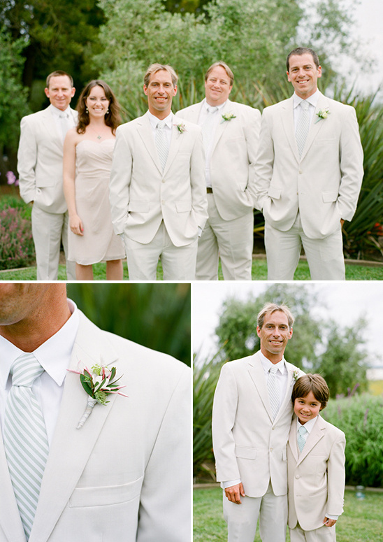 Groomsmen in tan suits at an outdoor wedding