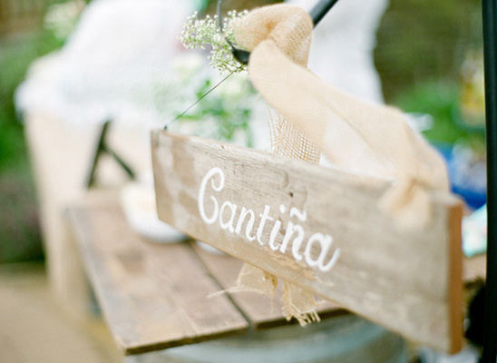 Rustic wooden Cantina sign with burlap