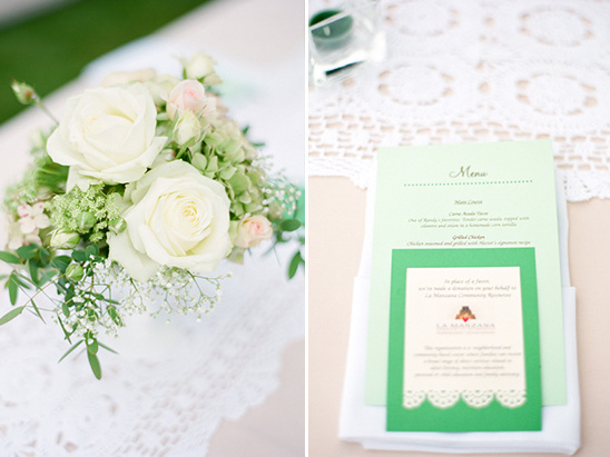 Elegant white roses and mint green wedding menu
