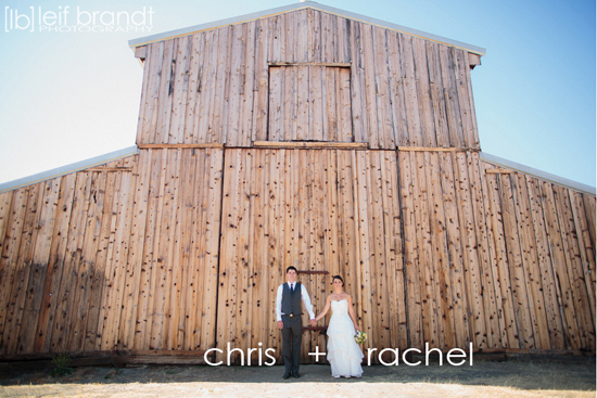 Couple in front of rustic wooden barn wedding backdrop