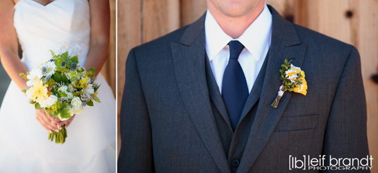 Bride with bouquet and groom with boutonniere close up