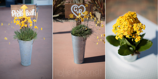 Rustic wedding decor yellow flowers in metal pails