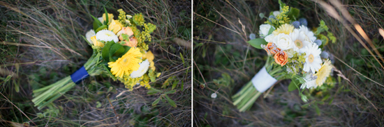 Wedding bouquets of yellow and white flowers in field