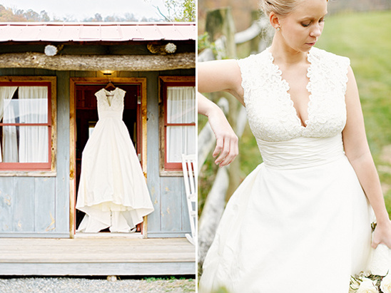 Wedding dress rustic cabin bride posing lace gown