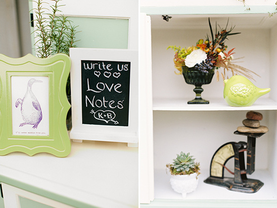 Wedding decor with love notes and flowers in cabinet