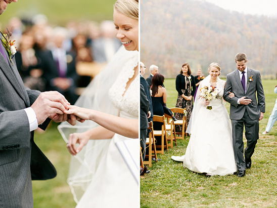 Bride and groom at outdoor wedding ceremony ring exchange