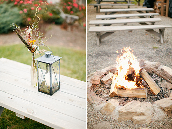 Outdoor wedding scene with lantern and bonfire