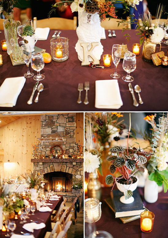 Rustic wedding reception centerpiece with candles