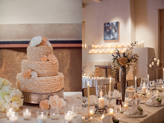 Wedding cake with ruffles and reception decor with candles