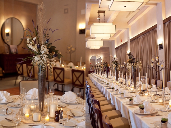 Elegant wedding reception tables with floral centerpieces
