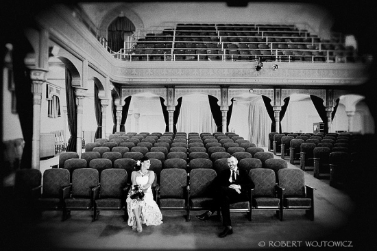 Theater Wedding Bride and Groom in Empty Seats