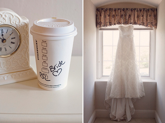 Bride coffee cup and wedding dress