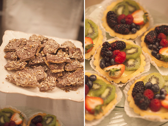 Chocolate toffee and fruit tarts on display