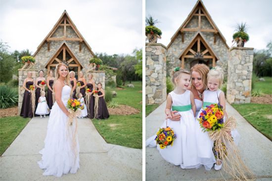 Bride bridesmaids and flower girls at stone chapel