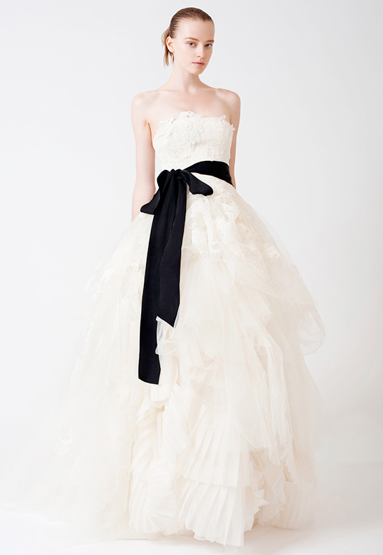 Strapless wedding dress with black sash detail