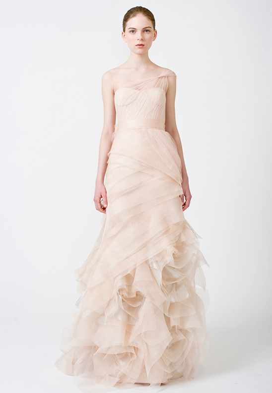 Blush one shoulder layered tulle wedding gown
