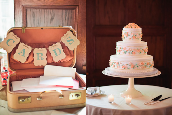 Vintage suitcase card box and floral wedding cake display