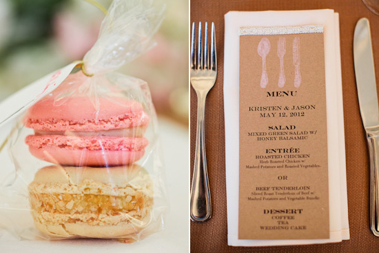 Wedding macarons and menu card for Kristen and Jason