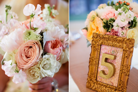 Bridal bouquet and table number five for wedding decor