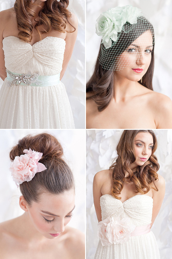 Wedding dresses and accessories, mint green veil, pink flowers