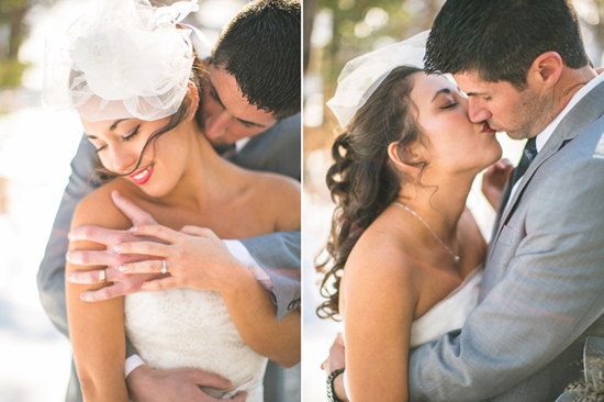 Romantic winter wedding couple embracing
