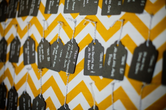 Wedding seating chart with tags on chevron background