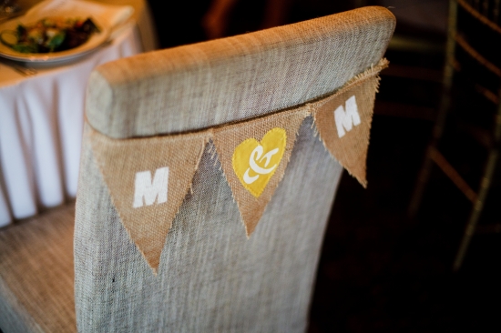 Wedding chair burlap banner with M and heart details