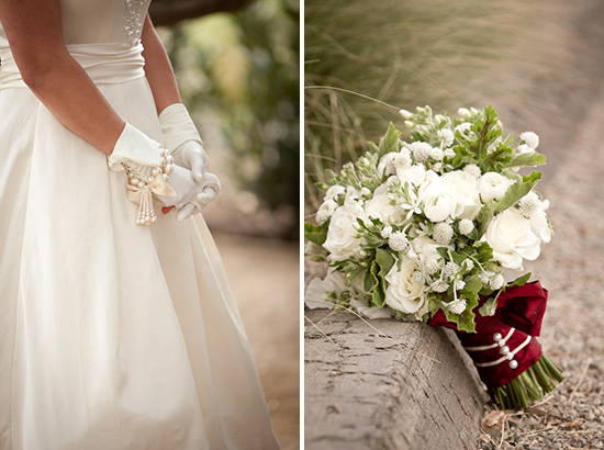 Bride in gown with bouquet and pearl details