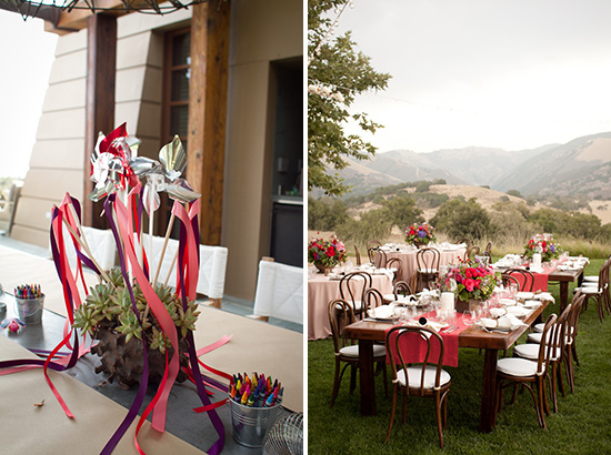 Colorful party favors and outdoor wedding reception