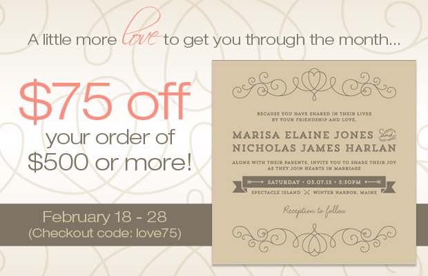 Wedding invitation with $75 off, and checkout code love75