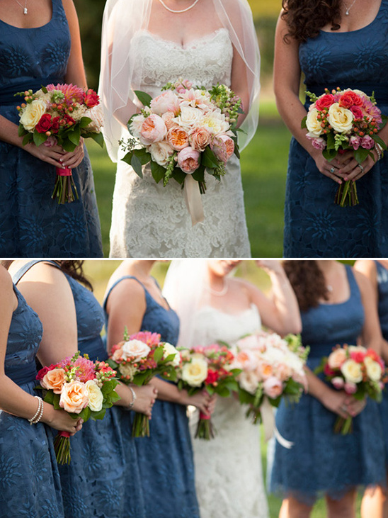 Bride and bridesmaids in blue dresses with bouquets