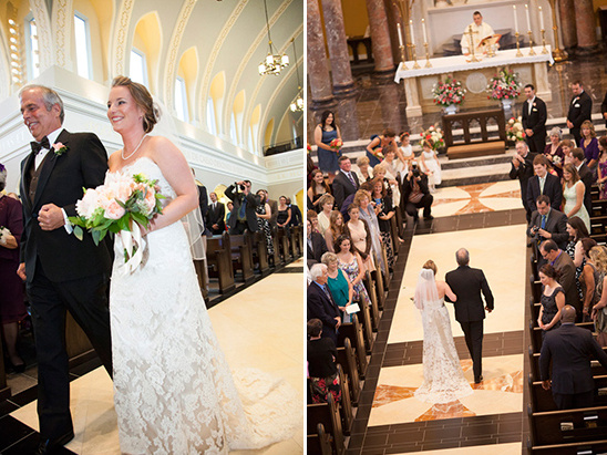 Bride walks down aisle with father in church wedding