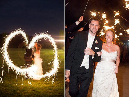 Sparkler heart wedding sendoff; happy couple exits
