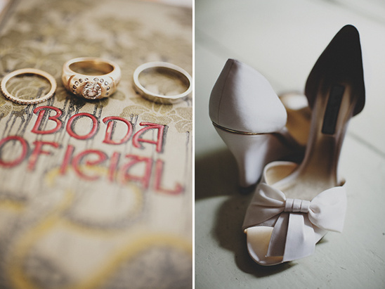 Wedding rings and bridal shoes on official wedding book