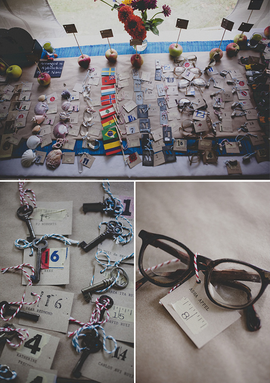 Wedding table seating chart with keys and glasses