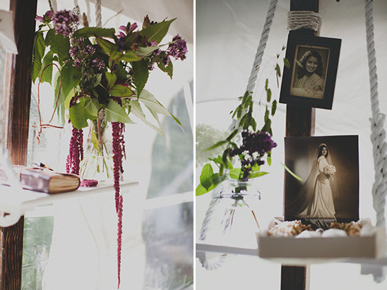 Wedding decor: purple flowers and vintage photos
