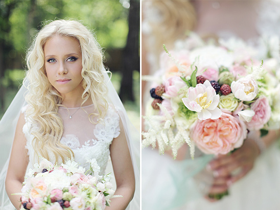 Bride with pastel bouquet, wedding flowers