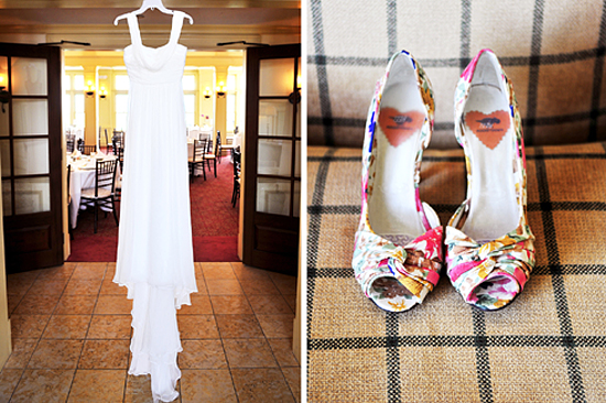 White wedding dress and colorful floral bridal shoes