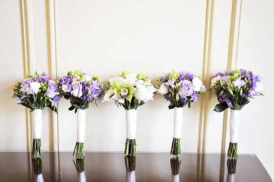 Wedding bouquets in purple white and green flowers